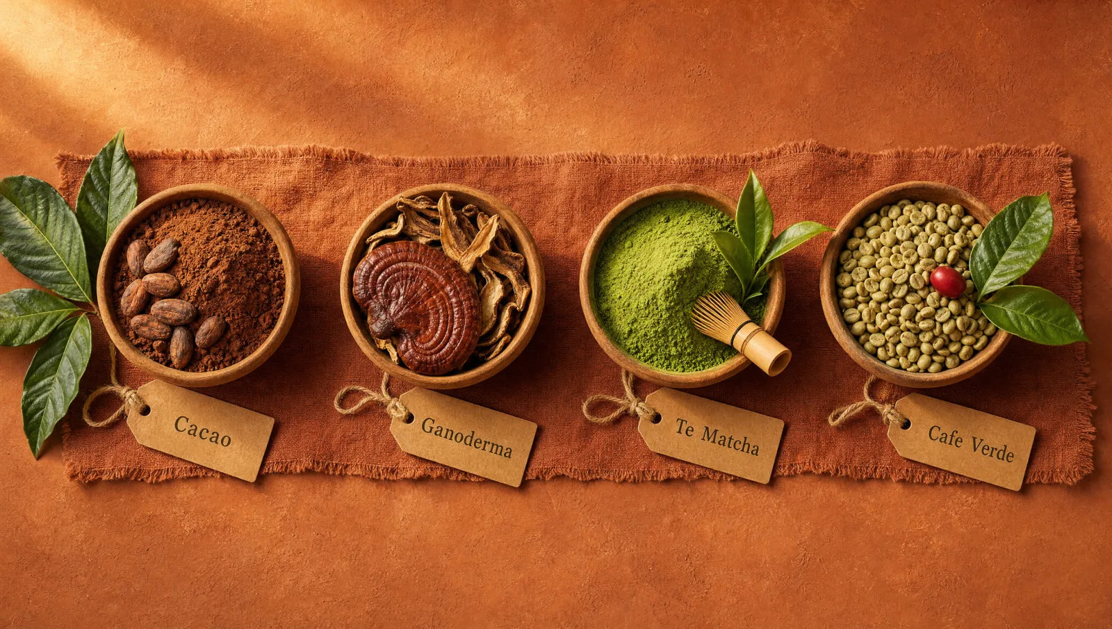Cuatro bowls con cacao, ganoderma, té matcha y café verde