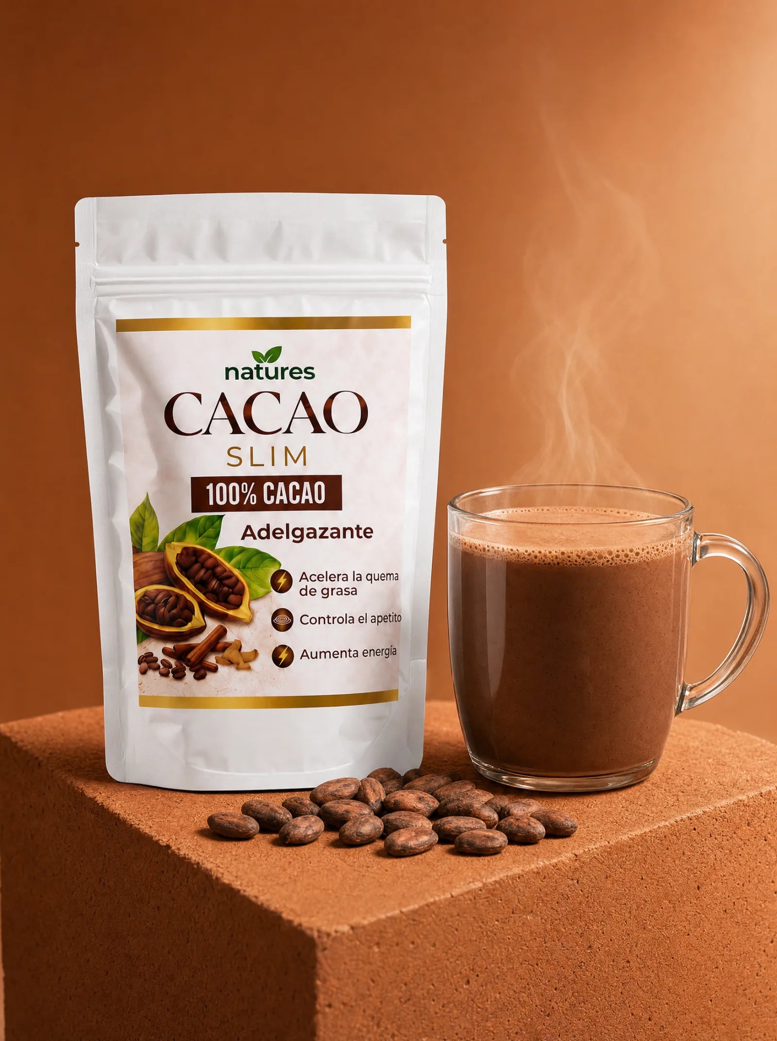 Cacao Slim junto a una taza preparada