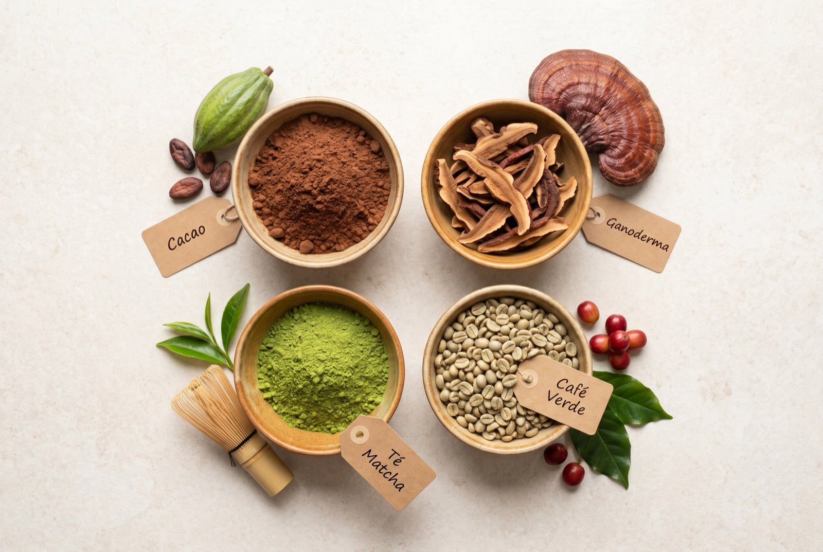 Cuatro bowls con cacao, ganoderma, té matcha y café verde